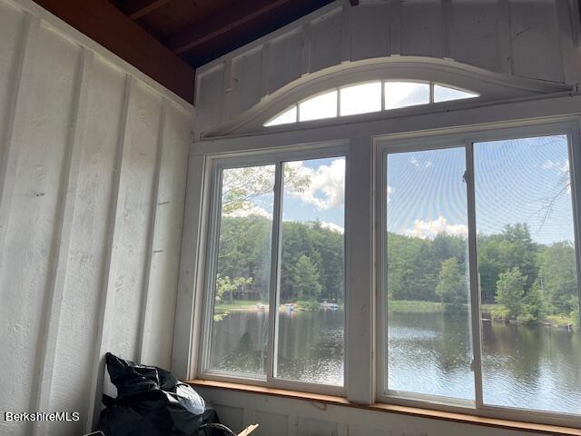 interior details featuring a water view