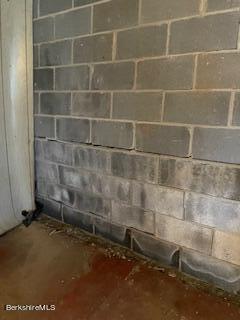 details featuring concrete block wall and unfinished concrete floors