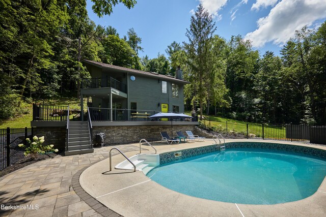 97 Brush Hill Rd, Great Barrington, MA 01230 - view of swimming pool with fence, a fenced in pool, a patio, and stairway