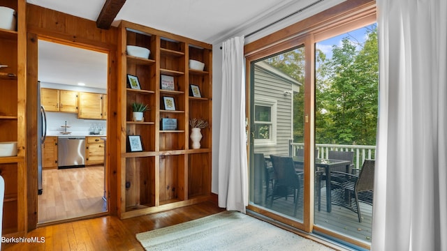 76 New Lenox Rd, Lenox, MA 01240 - doorway with hardwood / wood-style flooring and beam ceiling