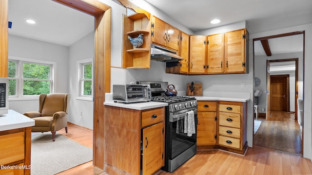 76 New Lenox Rd, Lenox, MA 01240 - kitchen with gas stove, under cabinet range hood, light wood-style flooring, light countertops, and recessed lighting