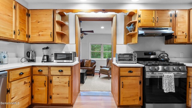 76 New Lenox Rd, Lenox, MA 01240 - kitchen featuring under cabinet range hood, stainless steel appliances, open shelves, light countertops, and recessed lighting