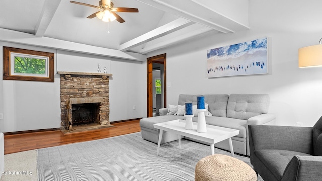 76 New Lenox Rd, Lenox, MA 01240 - living area featuring wood finished floors, a ceiling fan, a stone fireplace, and baseboards