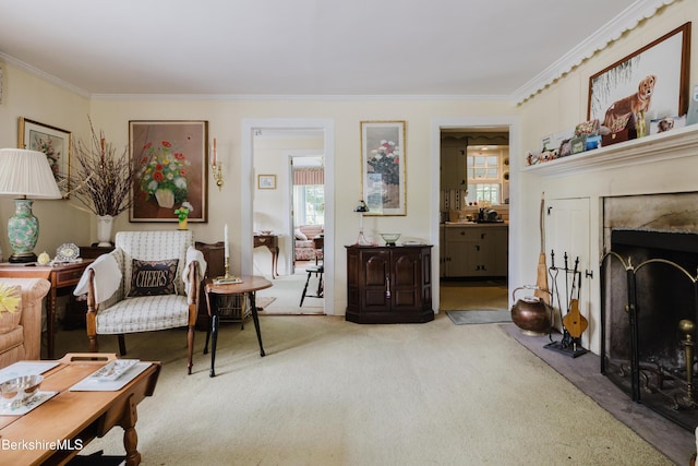 70 Main St, Egremont, MA 01258 - living area featuring carpet floors, a fireplace with flush hearth, and ornamental molding