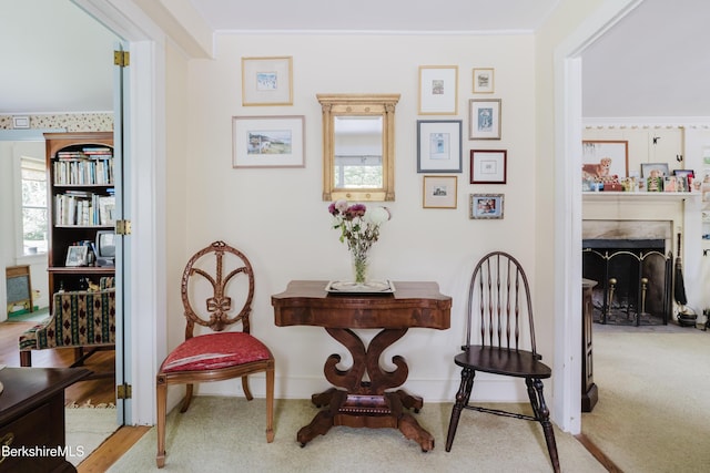 70 Main St, Egremont, MA 01258 - living area with carpet floors and a fireplace with flush hearth