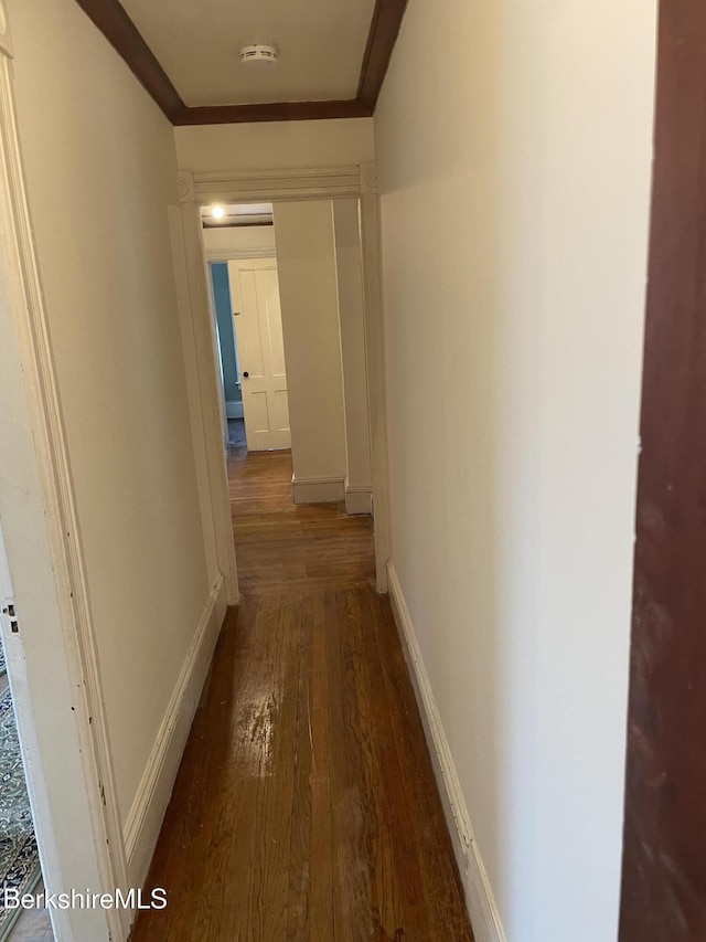 corridor with dark wood-type flooring and ornamental molding