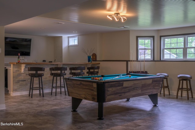 19 Aspen Way, Pittsfield, MA 01201 - rec room featuring pool table, bar with sink, a wainscoted wall, and baseboards