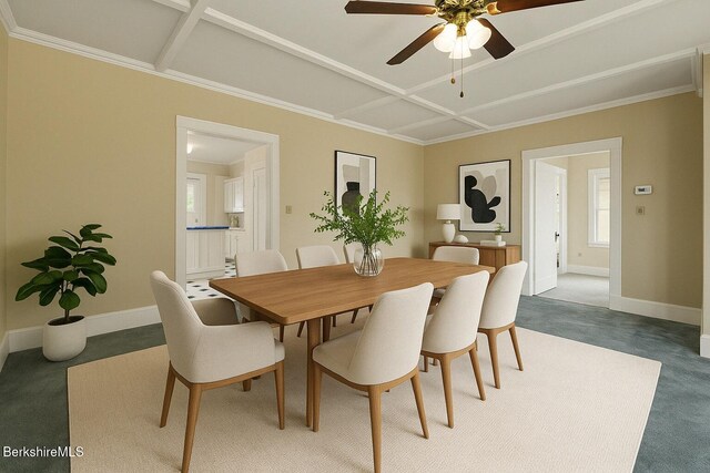 860 Stratton Rd, Williamstown, MA 01267 - carpeted dining space with ceiling fan, baseboards, and coffered ceiling