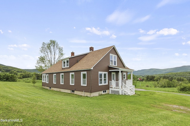 860 Stratton Rd, Williamstown, MA 01267 - view of property exterior with a chimney, a mountain view, a lawn, and roof with shingles