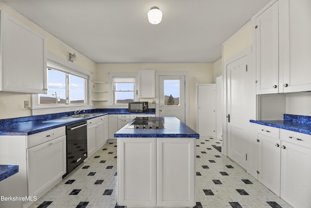 860 Stratton Rd, Williamstown, MA 01267 - kitchen featuring light floors, black appliances, dark countertops, and white cabinets