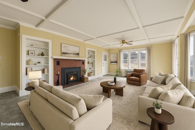 860 Stratton Rd, Williamstown, MA 01267 - living room featuring baseboards, light carpet, built in features, a ceiling fan, and a brick fireplace