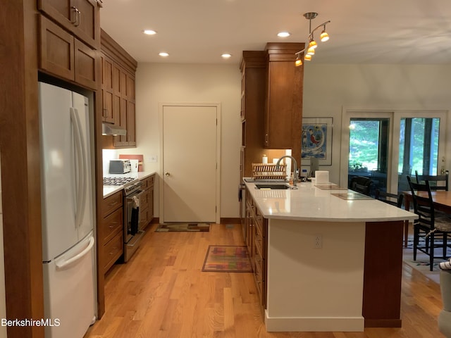11 Prospect Hill Rd Unit 1, Stockbridge, MA 01262 - kitchen with freestanding refrigerator, high end stove, light wood-style flooring, under cabinet range hood, and light countertops