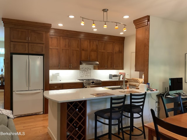 11 Prospect Hill Rd Unit 1, Stockbridge, MA 01262 - kitchen with freestanding refrigerator, stainless steel range, light wood finished floors, a peninsula, and under cabinet range hood