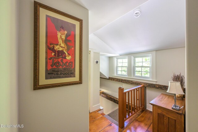 85 E Main St, Stockbridge, MA 01262 - corridor with vaulted ceiling, wood finished floors, an upstairs landing, and baseboards
