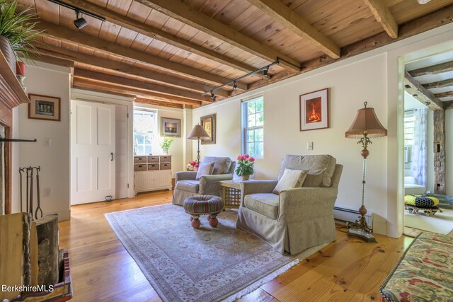85 E Main St, Stockbridge, MA 01262 - living area with healthy amount of natural light, wooden ceiling with exposed beams, light wood-style floors, baseboard heating, and track lighting