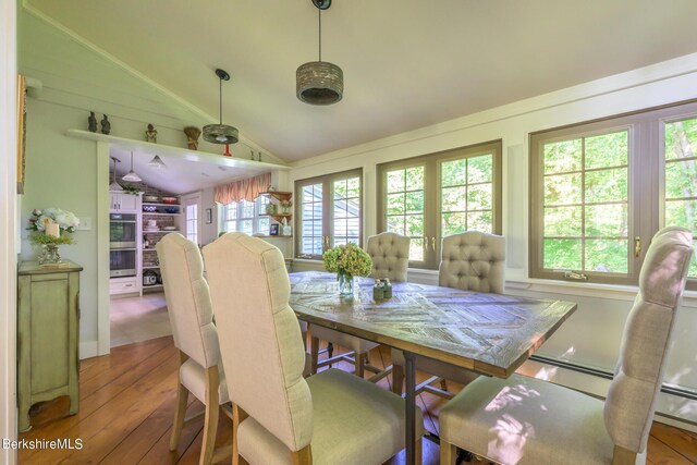 85 E Main St, Stockbridge, MA 01262 - dining area with lofted ceiling and hardwood / wood-style floors