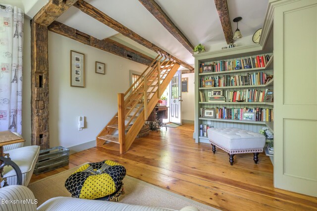 85 E Main St, Stockbridge, MA 01262 - sitting room with hardwood / wood-style flooring, stairs, and beamed ceiling