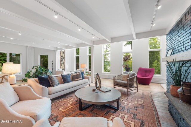 interior space with a wealth of natural light, wood finished floors, beam ceiling, and track lighting