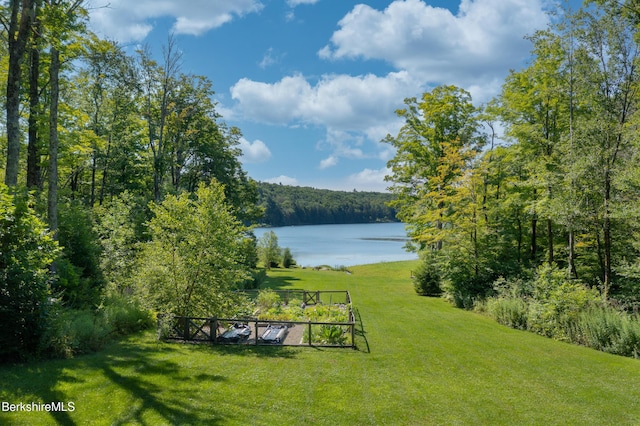 exterior space with a water view, a view of trees, and a vegetable garden
