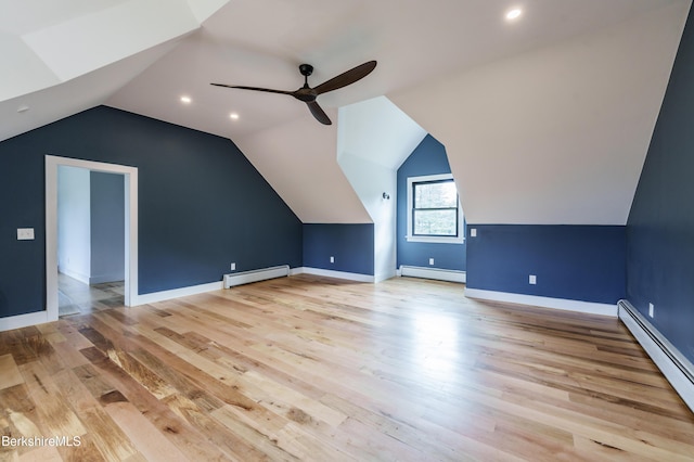 138 Ridge Rd, Worthington, MA 01098 - additional living space with baseboard heating, a ceiling fan, light wood finished floors, lofted ceiling, and recessed lighting