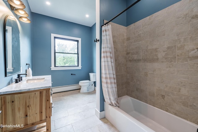 138 Ridge Rd, Worthington, MA 01098 - bathroom with a baseboard radiator, vanity, shower / bath combo with shower curtain, and tile patterned floors