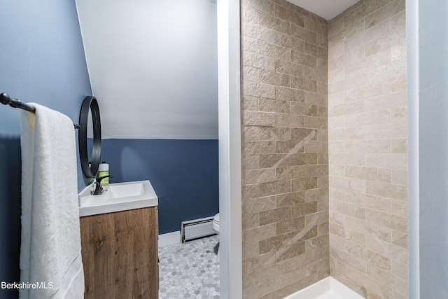 138 Ridge Rd, Worthington, MA 01098 - full bathroom featuring a baseboard heating unit, vanity, and a shower