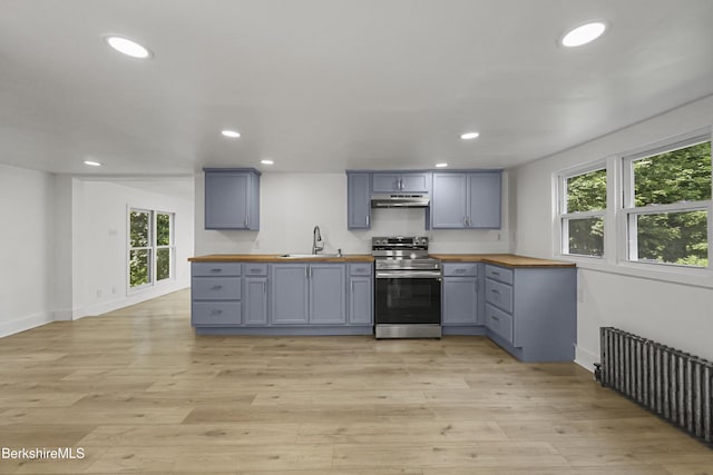 102 Pontoosuc Ave, Pittsfield, MA 01201 - kitchen with stainless steel electric range oven, wood counters, gray cabinetry, recessed lighting, and light wood-type flooring