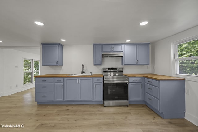 102 Pontoosuc Ave, Pittsfield, MA 01201 - kitchen with butcher block countertops, stainless steel range with electric cooktop, under cabinet range hood, gray cabinetry, and plenty of natural light