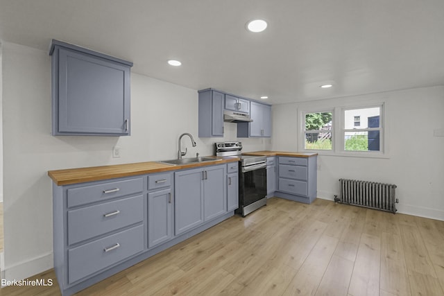 102 Pontoosuc Ave, Pittsfield, MA 01201 - kitchen with stainless steel electric range oven, radiator, butcher block countertops, under cabinet range hood, and gray cabinets