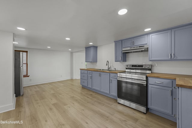 102 Pontoosuc Ave, Pittsfield, MA 01201 - kitchen with wooden counters, appliances with stainless steel finishes, under cabinet range hood, light wood finished floors, and gray cabinets