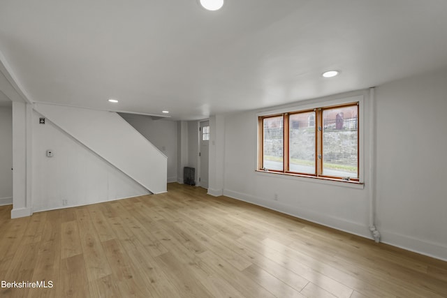 102 Pontoosuc Ave, Pittsfield, MA 01201 - unfurnished living room with stairway, light wood-type flooring, and recessed lighting