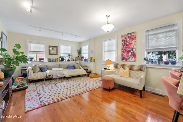 living room with hardwood / wood-style floors, plenty of natural light, and visible vents