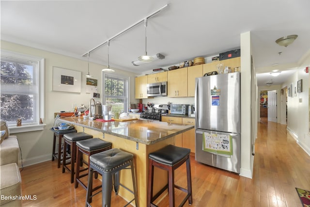 kitchen with a breakfast bar area, light wood finished floors, and appliances with stainless steel finishes