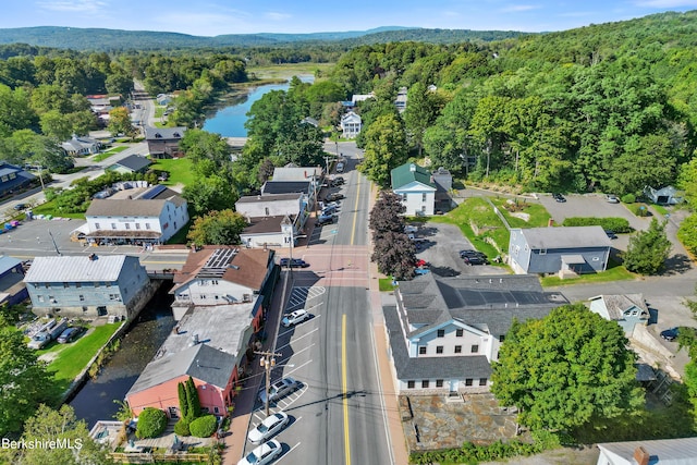 aerial view featuring a view of trees and a water view