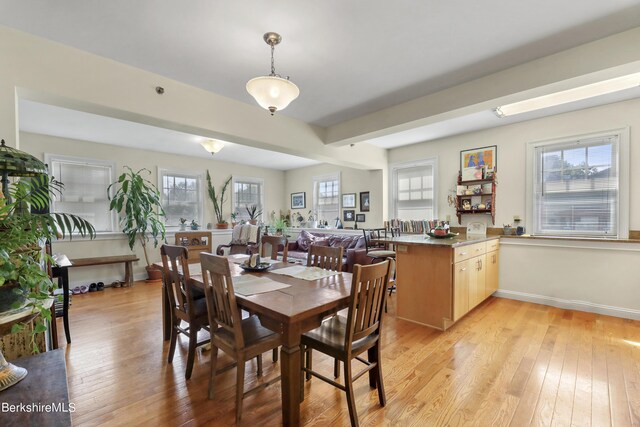 dining room featuring light wood-style flooring and baseboards