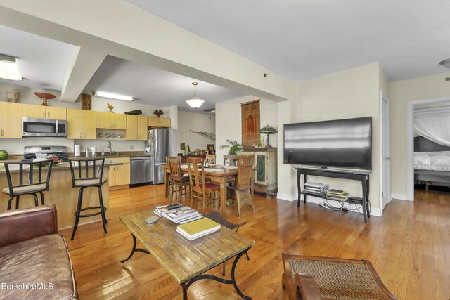 living area with baseboards and light wood finished floors