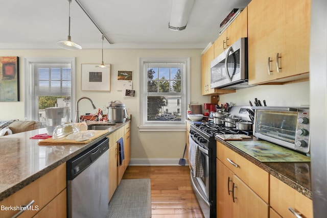 kitchen with a healthy amount of sunlight, dark wood-style flooring, appliances with stainless steel finishes, and a sink