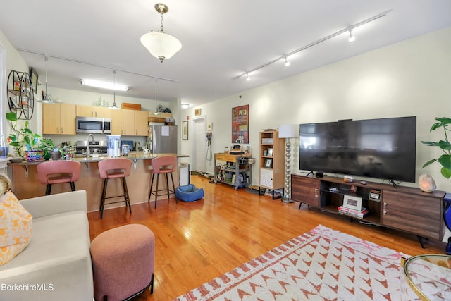 living room with track lighting and light wood-style floors