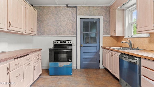 349 New Lenox Rd, Lenox, MA 01240 - kitchen with a sink, appliances with stainless steel finishes, light countertops, wallpapered walls, and ornamental molding