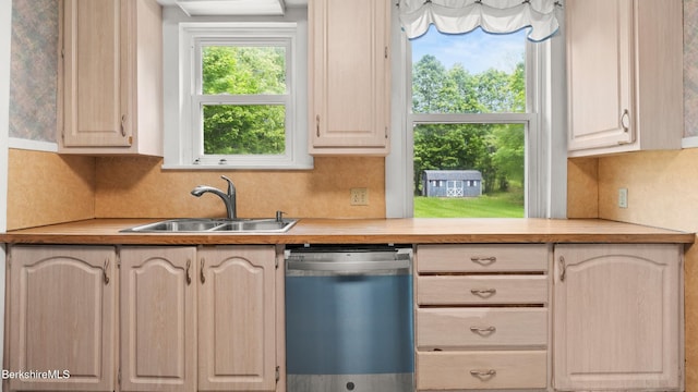 349 New Lenox Rd, Lenox, MA 01240 - kitchen with stainless steel dishwasher, a sink, backsplash, and wooden counters