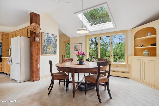28 Main Rd, Tyringham, MA 01264 - dining area with a skylight, baseboard heating, light floors, vaulted ceiling, and built in shelves