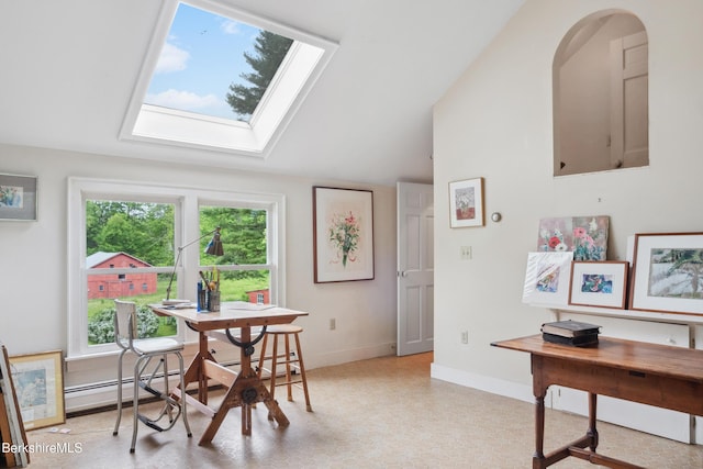 28 Main Rd, Tyringham, MA 01264 - dining room with a skylight, an office area, vaulted ceiling, and light floors