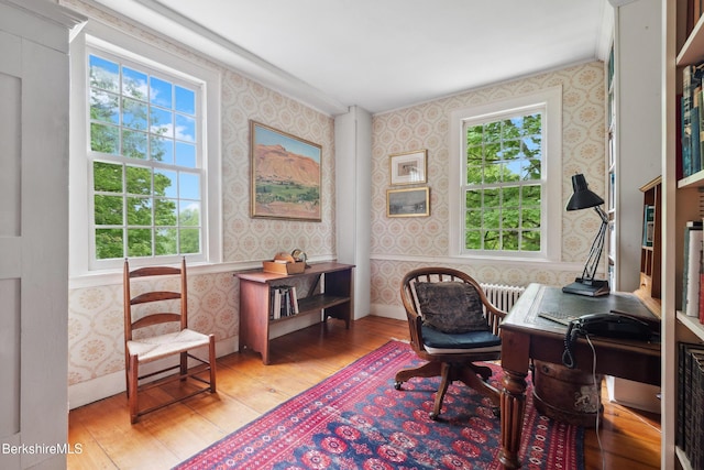 28 Main Rd, Tyringham, MA 01264 - office area featuring wallpapered walls, light wood-type flooring, and healthy amount of natural light