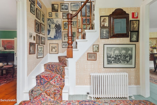 28 Main Rd, Tyringham, MA 01264 - staircase with radiator heating unit and wallpapered walls
