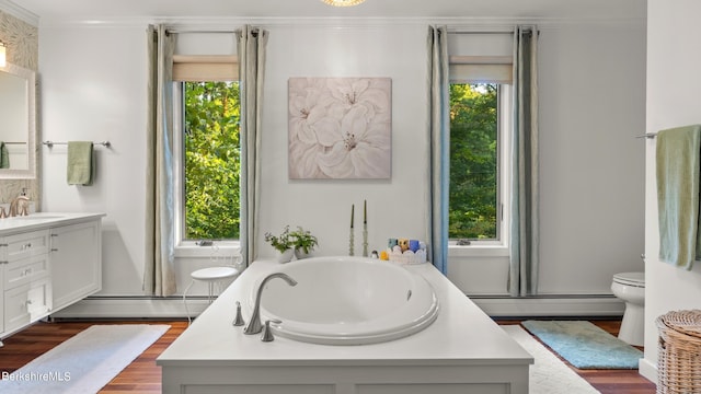 bathroom with vanity, a baseboard radiator, a wealth of natural light, and ornamental molding