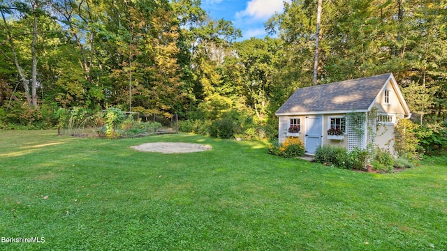 view of yard with a storage shed