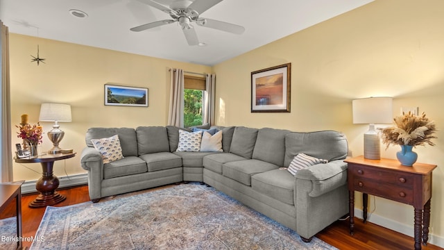 living room with ceiling fan and dark wood-type flooring