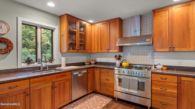 kitchen with wall chimney range hood, sink, hardwood / wood-style flooring, decorative backsplash, and stainless steel appliances