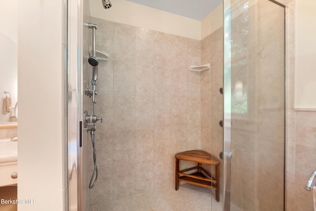 bathroom with a shower with shower door