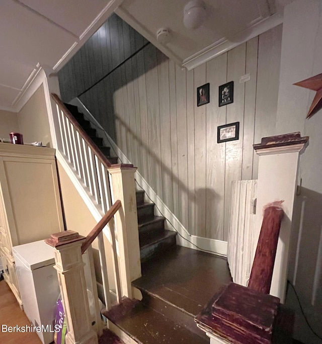 stairs featuring wooden walls, crown molding, and radiator